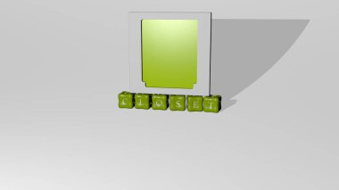 Konsept ve sunumların ilgili anlamları için metalik zar harfleri tarafından yapılan CLOSET grafikleri ve metnin 3D çizimi. arkaplan ve kıyafetler