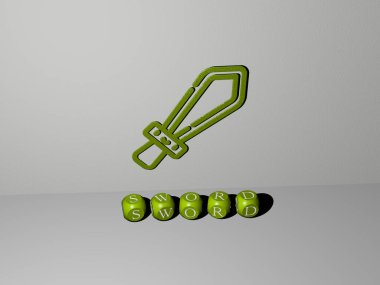 Kılıcın dikey olarak üç boyutlu grafiksel görüntüsü ve üst perspektiften metalik kübik harflerle yapılmış metinler, konsept sunumu ve slayt gösterileri için mükemmel. Resim ve arkaplan