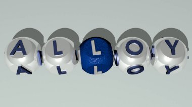 Üst perspektiften gelen kübik harflerle oluşturulan alaşım kombinasyonu, konsept sunumu için mükemmel. arkaplan ve metal