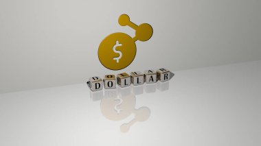 Doların dikey olarak 3D grafiksel görüntüsü ve üst perspektiften metalik kübik harflerle oluşturulan metinler, konsept sunum ve slayt gösterileri için mükemmel. resimleme ve iş
