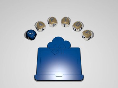 Duvarında simge olan dizüstü bilgisayarın 3 boyutlu temsili ve ayna zemininde konsept ve slayt gösterisi sunumu için metalik kübik harflerle düzenlenmiş metin. bilgisayar ve iş