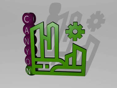 Konsept ve sunumların ilgili anlamları için metal zar harflerinin oluşturduğu ikonun etrafındaki kanyon grafikleri ve metnin 3 boyutlu çizimi. güzel ve manzaralı