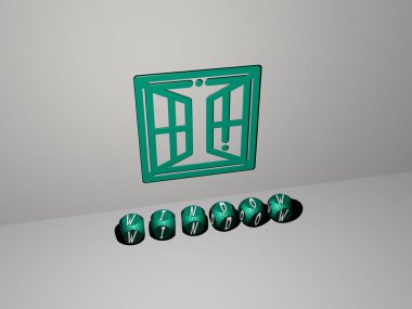WINDOW 'un dikey olarak 3D grafik resmi ve üst perspektiften metalik kübik harflerle yapılmış metin, konsept sunumu ve slayt gösterimi için mükemmel. arkaplan ve mimari