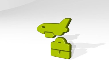 İş seyahati uçakları gölgelerle ayakta duruyor. Metalik heykelin beyaz arka planda, yumuşak desenli üç boyutlu çizimi. kavram ve tasarım