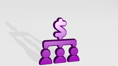 Parlak metalik bir heykelin ışık arka planında gölgesi olan üç boyutlu bir illüstrasyonla yapılmış Montaj Ekibi. iş ve konsept