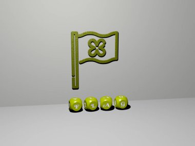 Duvarında ikon olan bayrağın 3 boyutlu temsili ve kavram ve slayt gösterisi sunumu için ayna zemininde metalik kübik harflerle düzenlenmiş metin. Resim ve arkaplan