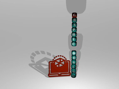 Konsept ve sunumların ilgili anlamları için metalik zar harflerinin oluşturduğu simge etrafında üç boyutlu grafik tasarım grafikleri ve metin çizimi. arkaplan ve soyut