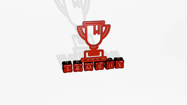 Representation Trophy Icon Wall Text Arranged Metallic Cubic Letters Mirror — Stock Photo, Image