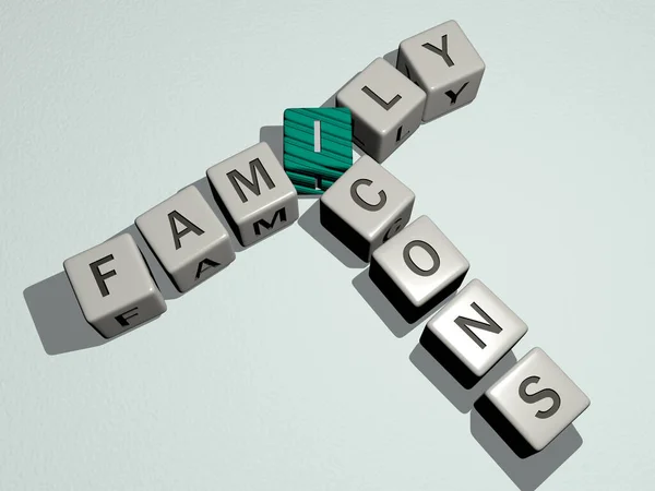 用立方体字母排列在镜面上的家庭图标的纵横字谜 概念含义和表述 孩子和快乐 — 图库照片
