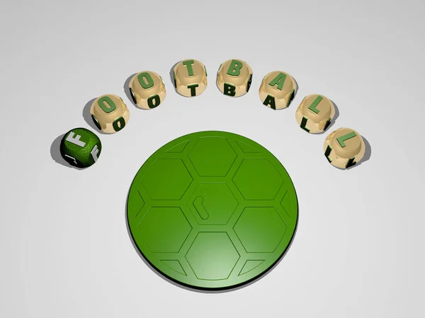 3D graphical image of football vertically along with text built around the icon by metallic cubic letters from the top perspective, excellent for the concept presentation and slideshows.