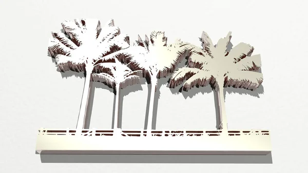 PALM TREES on the wall. 3D illustration of metallic sculpture over a white background with mild texture. beach and tropical
