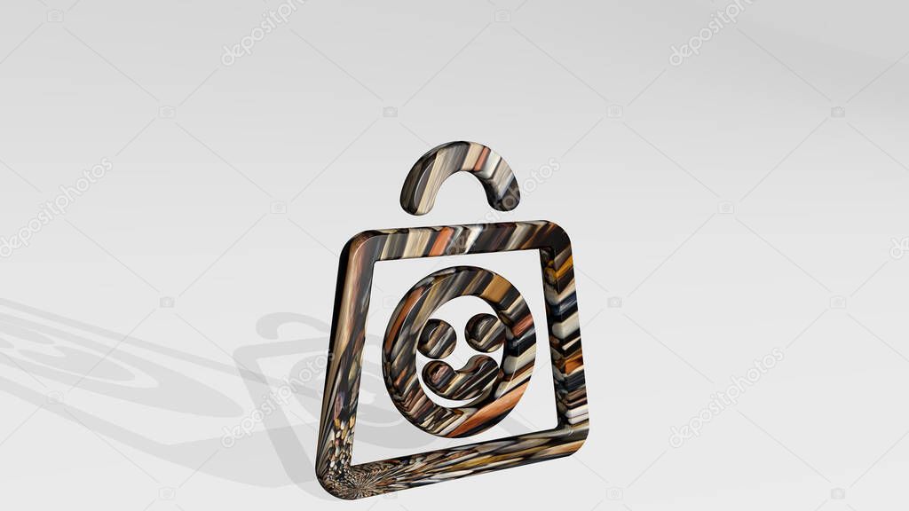 shopping bag smiley casting shadow from a perspective. A thick sculpture made of metallic materials of 3D rendering. illustration and background