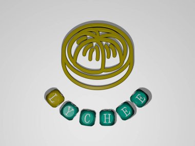 LYCHEE 'nin dikey olarak 3D grafiksel görüntüsü, üst perspektiften metalik kübik harflerle simgenin etrafına inşa edilen metinlerle birlikte, konsept sunumu ve slayt gösterimi için mükemmel. meyve ve