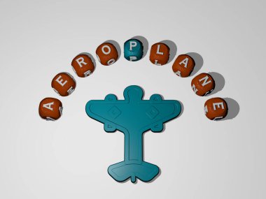 Duvarında ikon olan AEROPLANE 'ın 3 boyutlu temsili ve kavram ve slayt gösterisi sunumu için ayna zemininde metalik kübik harflerle düzenlenmiş metin. uçak ve uçak
