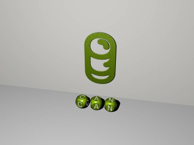 Konsept ve sunumların ilgili anlamları için metalik zar harfleri tarafından yapılan konserve grafikleri ve metinlerin 3B çizimi