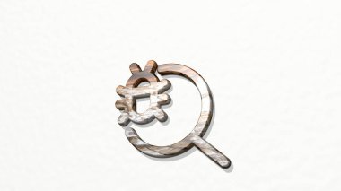 Bilgisayar hatası araması duvardaki bir perspektiften. Üç boyutlu metalik malzemelerden yapılmış kalın bir heykel. resimleme ve iş