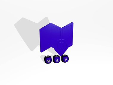 Duvarında simge ve ayna zemininde metalik kübik harflerle konsept ve slayt gösterisi sunumu için düzenlenmiş üç boyutlu harita tasviri. Resim ve arkaplan