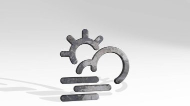 Hava bulutlu, güneş rüzgarı perspektiften gölge düşürüyor. Üç boyutlu metalik malzemelerden yapılmış kalın bir heykel. arkaplan ve resimleme