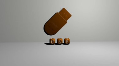 Duvarında simge olan USB 'nin 3 boyutlu temsili ve ayna zemininde konsept ve slayt gösterisi sunumu için metalik kübik harflerle düzenlenmiş metin. Resim ve arkaplan