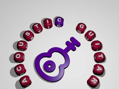 Akustik gitarın dikey olarak 3B grafiksel görüntüsü ve en üst perspektiften metalik kübik harflerle simgenin etrafına inşa edilen metin, konsept sunumu ve slayt gösterimi için mükemmel.