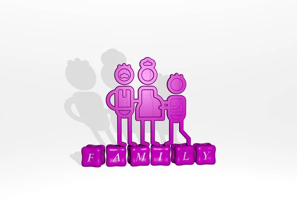 Grafisk Bild Familjen Vertikalt Tillsammans Med Text Byggd Metalliska Kubikbokstäver — Stockfoto