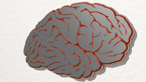 Człowiek Brain Wykonany Przez Ilustracji Błyszczącej Rzeźby Metalicznej Ścianie Jasnym — Zdjęcie stockowe