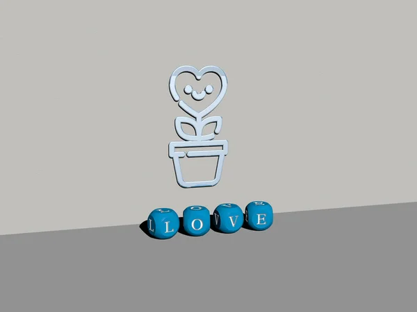 3D illustration of LOVE graphics and text made by metallic dice letters for the related meanings of the concept and presentations. background and heart