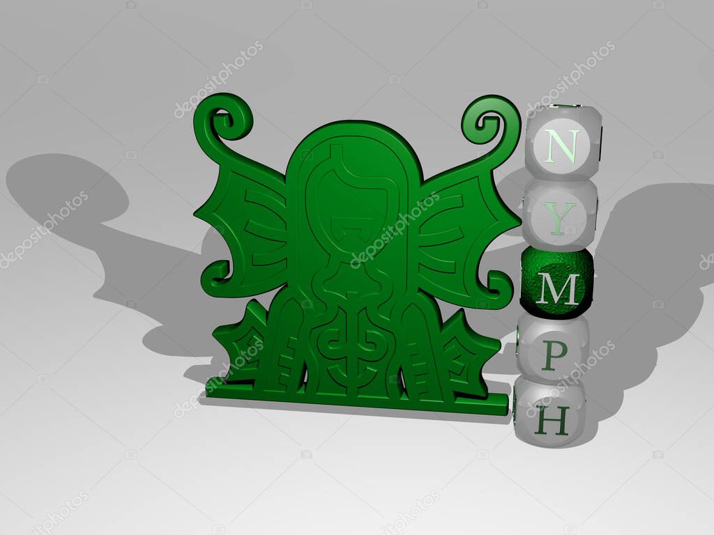 3D illustration of NYMPH graphics and text around the icon made by metallic dice letters for the related meanings of the concept and presentations. beautiful and girl