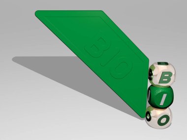 BIO grafiklerinin 3 boyutlu çizimi ve konsept ve sunumların ilgili anlamları için metalik zar harflerinin oluşturduğu simgenin etrafındaki metin. arkaplan ve tasarım