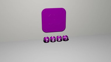 Duvarında simge olan metnin 3 boyutlu temsili ve ayna zemininde konsept ve slayt gösterisi sunumu için metalik kübik harflerle düzenlenmiş metin. Resim ve arkaplan