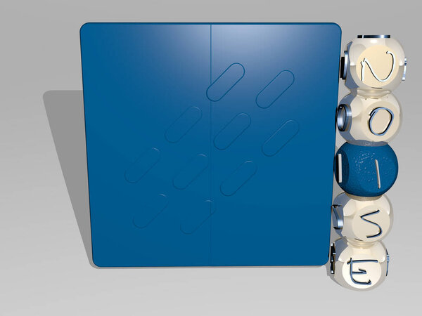 3D графическое изображение шума вертикально вместе с текстом, построенным вокруг иконки металлическими кубическими буквами сверху. отлично подходит для презентации концепции и слайд-шоу. фон