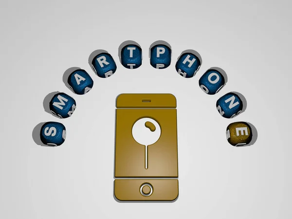 3D representation of smartphone with icon on the wall and text arranged by metallic cubic letters on a mirror floor for concept meaning and slideshow presentation. illustration and background