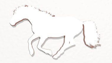 Üç boyutlu parlak metalik bir heykelin ışık arka planlı bir duvardaki çizimi ile dört nala koşuyor. hayvan ve güzel