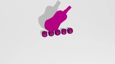 MOUSE grafiklerinin 3 boyutlu çizimi ve konsept ve sunumların ilgili anlamları için metalik zar harflerinin oluşturduğu metin. arkaplan ve bilgisayar