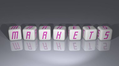 En üst perspektiften kübik harflerle yapılmış parlak MARKETS, üç boyutlu resimleme konsept sunumu için mükemmel. Editör ve iş