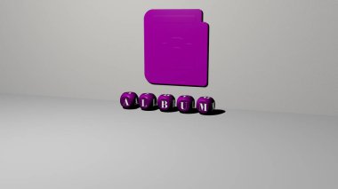 Albümün dikey olarak 3D grafiksel görüntüsü, üst perspektiften metalik kübik harflerle oluşturulan metinlerle birlikte, konsept sunumu ve slayt gösterimi için mükemmel. arkaplan ve resimleme