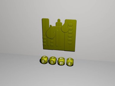 Ateşin dikey olarak 3D grafiksel görüntüsü ve üst perspektiften metalik kübik harflerle oluşturulan metinler, konsept sunum ve slayt gösterileri için mükemmel. Resim ve arkaplan
