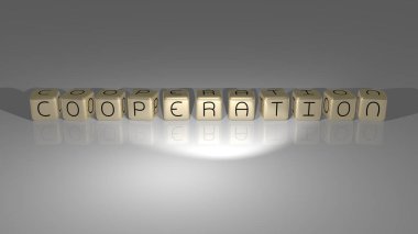 COOPERATION 'un 3 boyutlu temsili, duvarında simge ve ayna zemininde metalik kübik harflerle konsept ve slayt gösterisi sunumu için düzenlenmiş metin. iş ve illüstrasyon