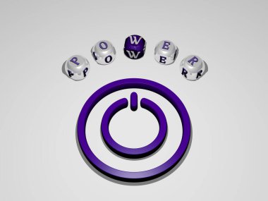 En üst perspektiften metalik kübik harflerle simge etrafında oluşturulan metinle birlikte dikey olarak gücün 3D grafik görüntüsü, konsept sunumu ve slayt gösterileri için mükemmel. resimleme