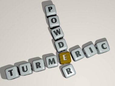 Üst perspektiften kübik harflerle oluşturulan TURMERİK POWDER kombinasyonu, konsept sunumu için mükemmel. arkaplan ve sokağa çıkma yasağı