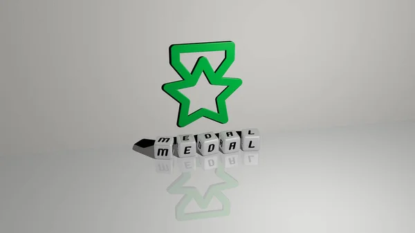 Grafisk Bild Medaljen Vertikalt Tillsammans Med Text Byggd Metalliska Kubikbokstäver — Stockfoto