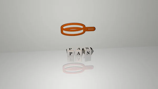 3D graphical image of PAN vertically along with text built by metallic cubic letters from the top perspective, excellent for the concept presentation and slideshows. background and cooking