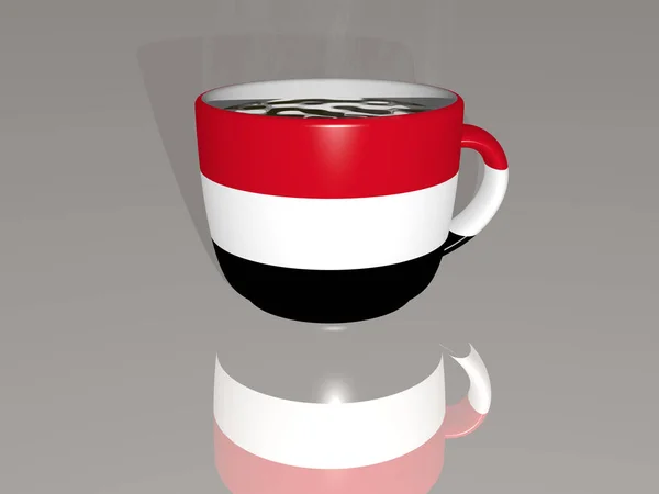 Yemen Colocado Uma Xícara Café Quente Uma Ilustração Espelhada Chão — Fotografia de Stock