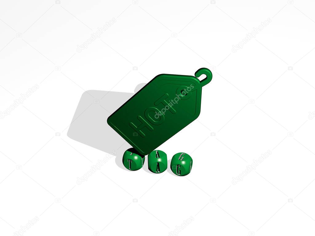 3D illustration of tag graphics and text made by metallic dice letters for the related meanings of the concept and presentations. sign and banner