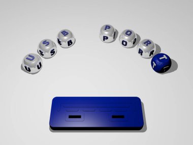 En üst perspektiften metalik kübik harflerle simge etrafında oluşturulan metinle birlikte usb portunun dikey olarak 3B grafik resmi, konsept sunumu ve slayt gösterimi için mükemmel.