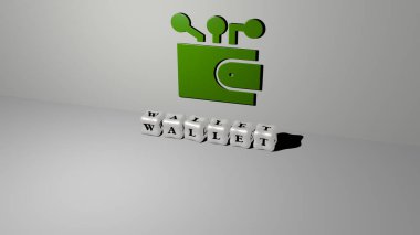 Cüzdanın dikey olarak üç boyutlu grafiksel görüntüsü ve üst perspektiften metalik kübik harflerle yapılmış metinler, konsept sunum ve slayt gösterileri için mükemmel. resimleme ve para