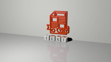 TEXT 'in dikey olarak 3D grafiksel görüntüsü, üst perspektiften metalik kübik harflerle oluşturulan metinlerle birlikte, konsept sunumu ve slayt gösterileri için mükemmel. Resim ve arkaplan