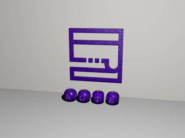 Duvarında bir simge ve ayna zemininde metalik kübik harflerle konsept ve slayt gösterisi sunumu için düzenlenmiş üç boyutlu nota temsili. iş ve illüstrasyon