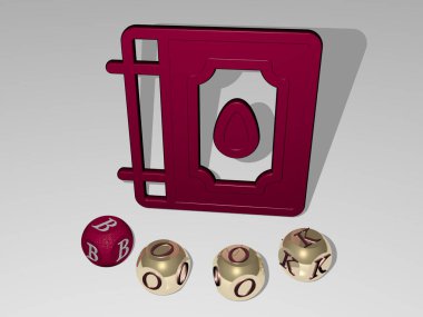 Duvarında ikon olan kitabın 3 boyutlu temsili ve kavram ve slayt gösterisi sunumu için ayna zemininde metalik kübik harflerle düzenlenmiş metin. Resim ve arkaplan