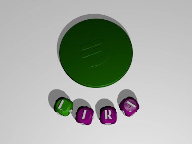 Konsept ve sunumların ilgili anlamları için metalik zar harflerinin oluşturduğu ikonun etrafına 3 boyutlu lira grafikleri ve metin çizimi. Türkçe ve para birimi